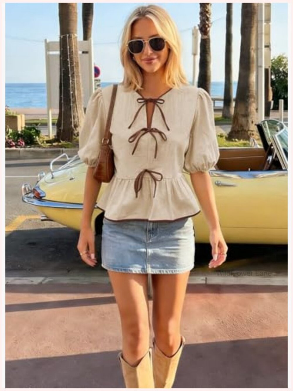 Puff Short Sleeve Bowknot Peplum Blouse Tunics Dressy Casual - Picture 5 of 7